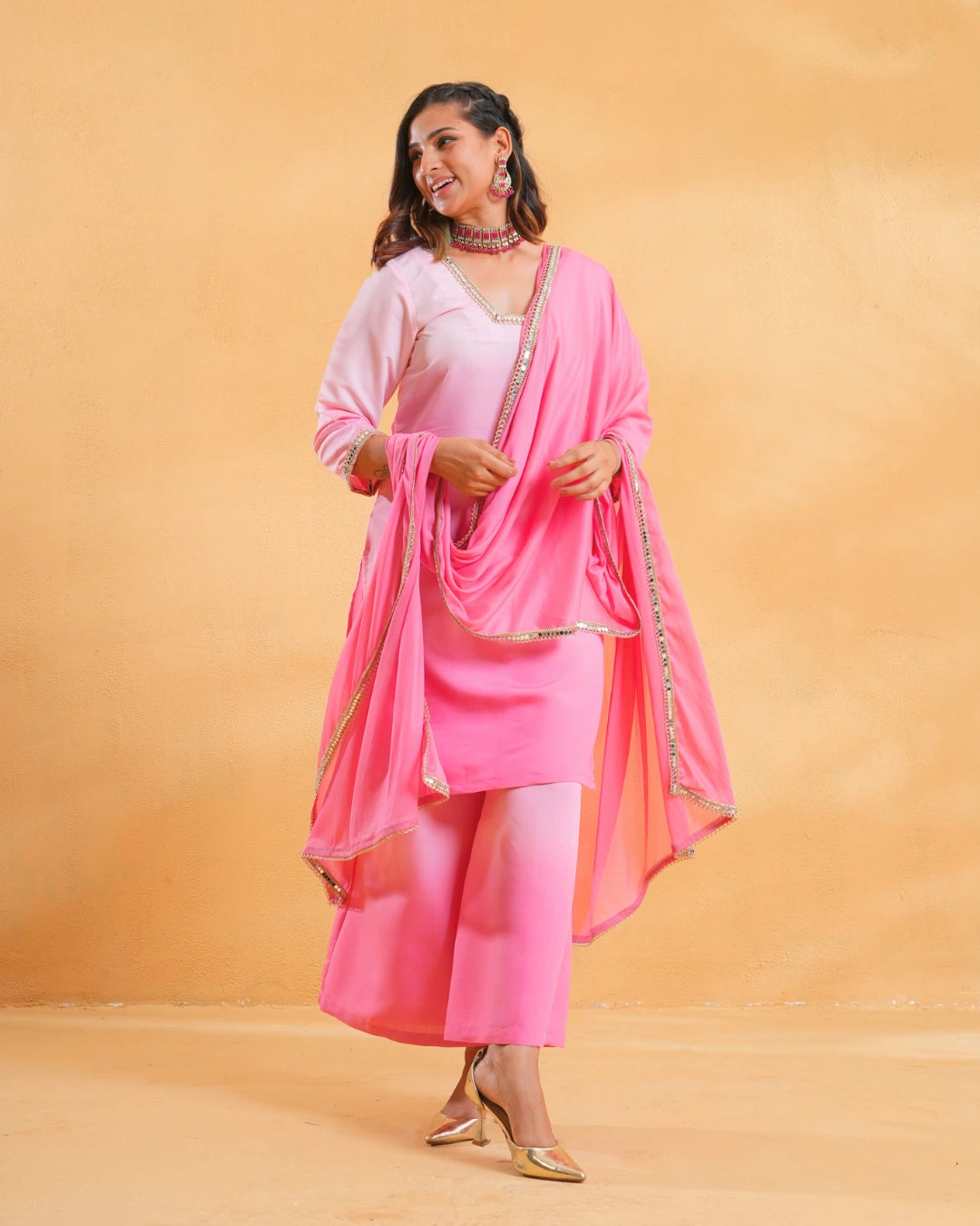 Blush Pink Ombre Festive Suit With Dupatta For Women - Set of 3