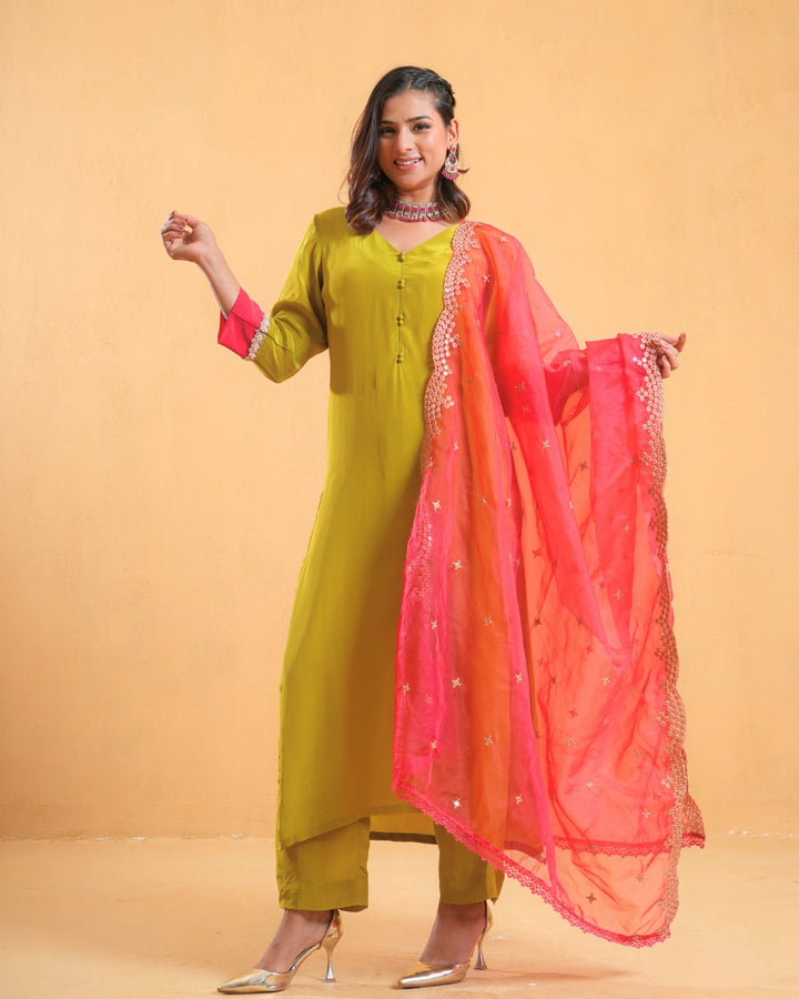 Sap Green Crepe Suit For Women - Set of 3