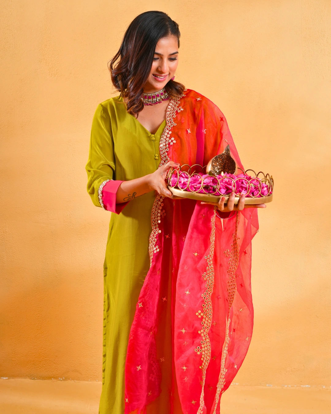 Sap Green Crepe Suit For Women - Set of 3