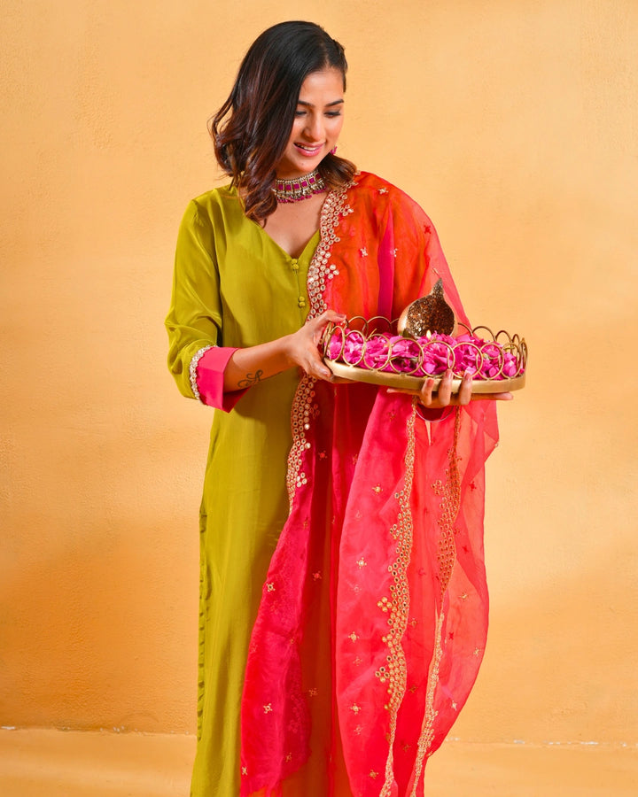 Sap Green Crepe Suit For Women - Set of 3