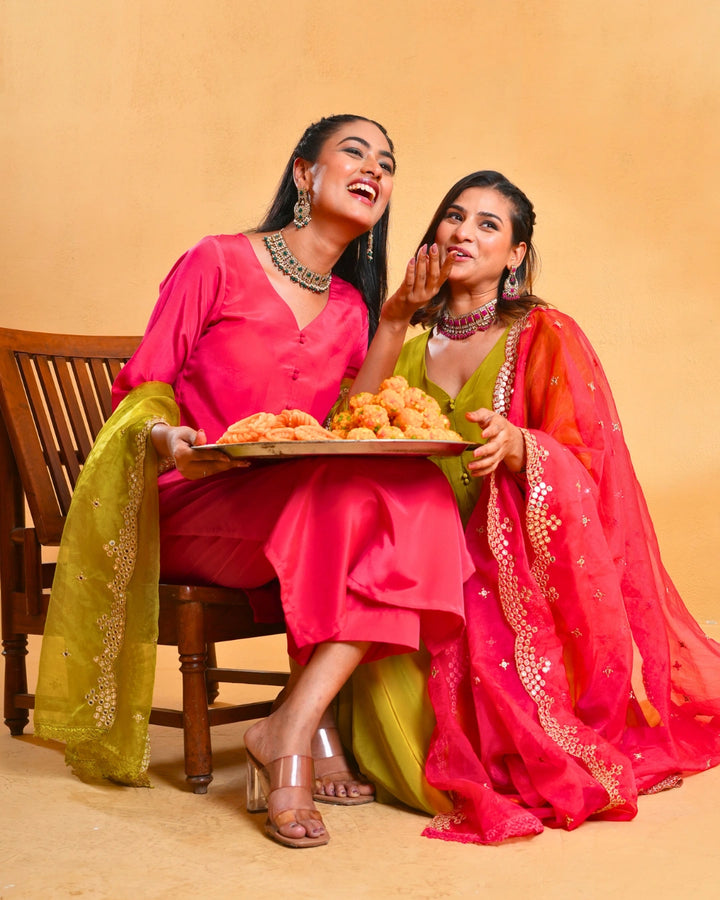 Fuchsia Pink Crepe Suit Set For Women - Set of 3