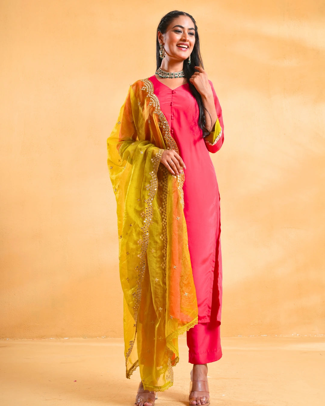 Fuchsia Pink Crepe Suit Set For Women - Set of 3