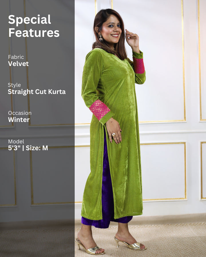 Sap Green Velvet Slit Kurta