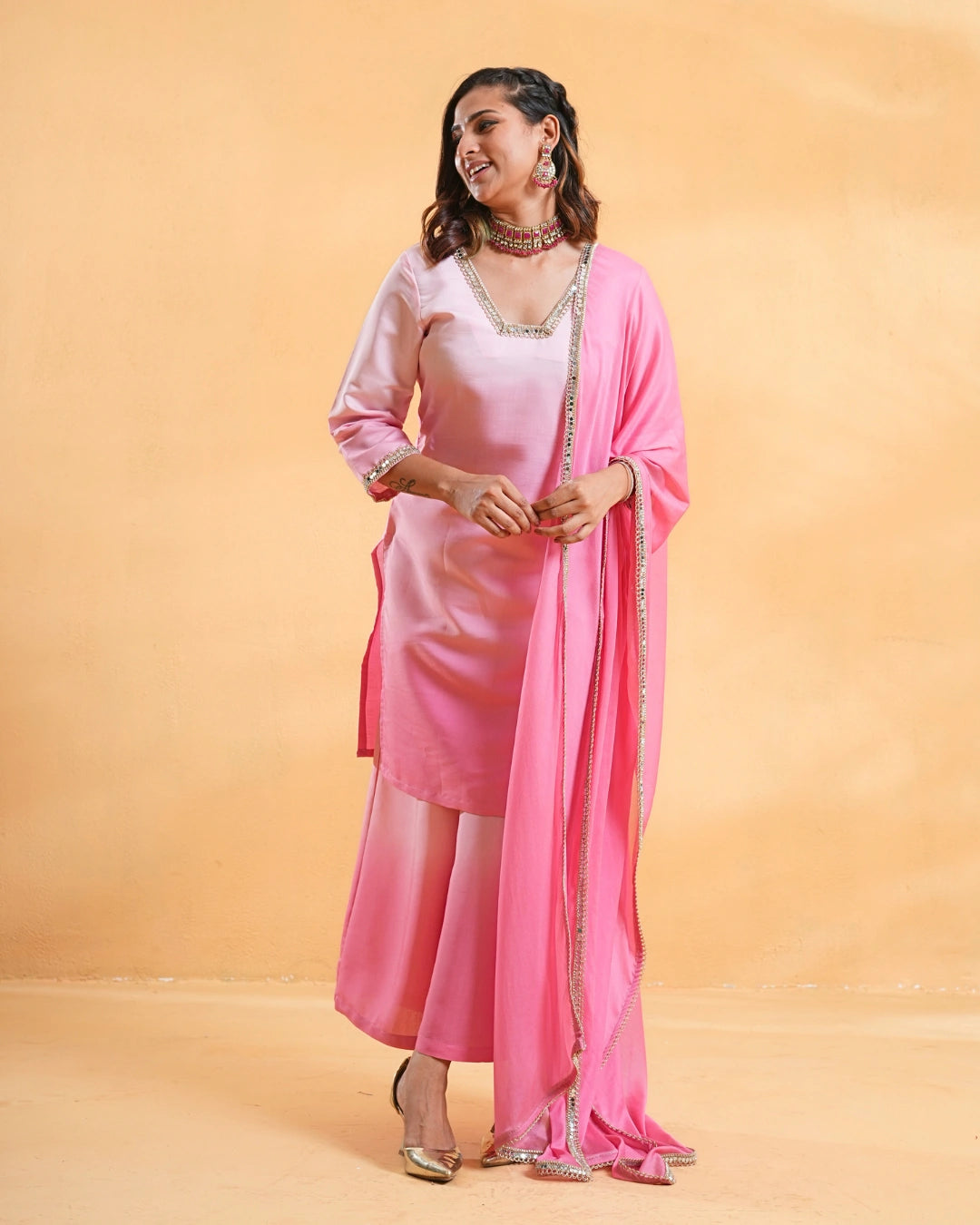 Blush Pink Ombre Festive Suit With Dupatta For Women - Set of 3