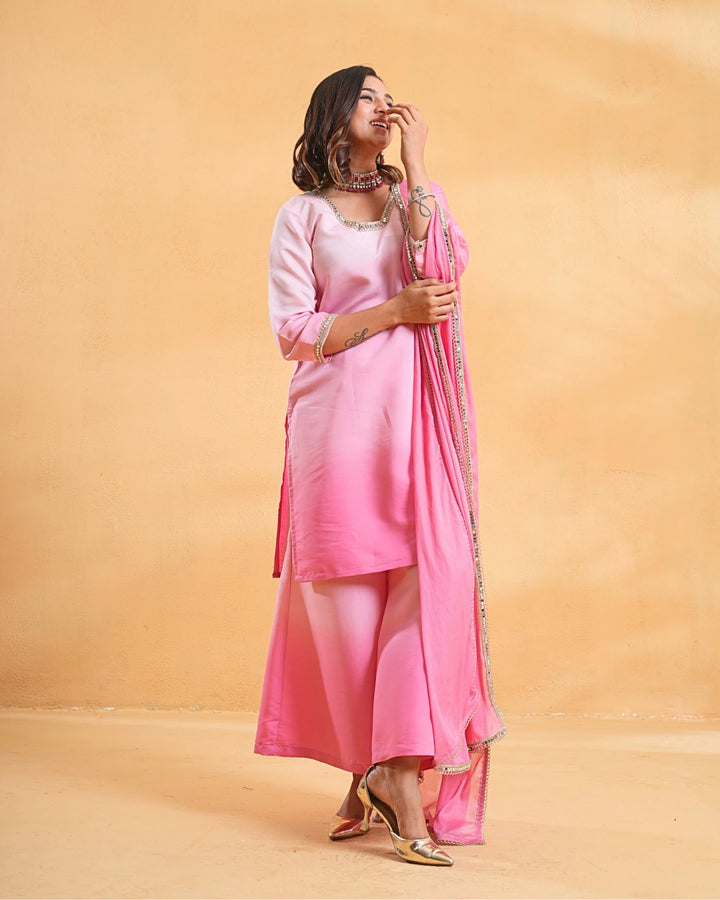 Blush Pink Ombre Festive Suit With Dupatta For Women - Set of 3