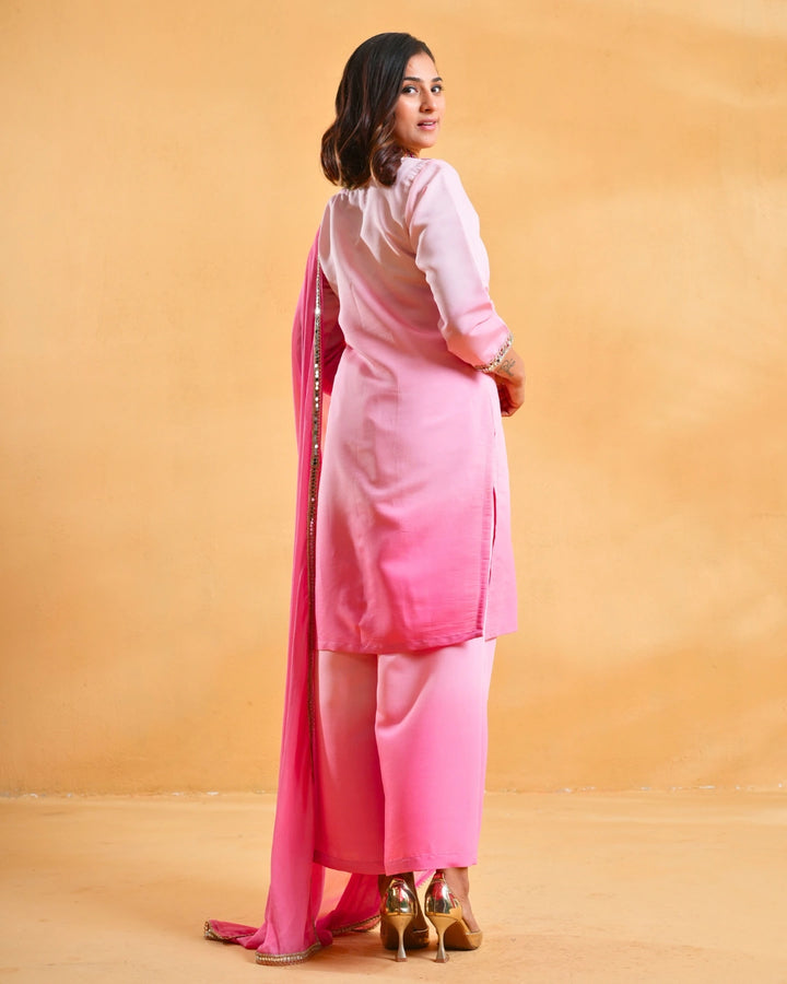 Blush Pink Ombre Festive Suit With Dupatta For Women - Set of 3