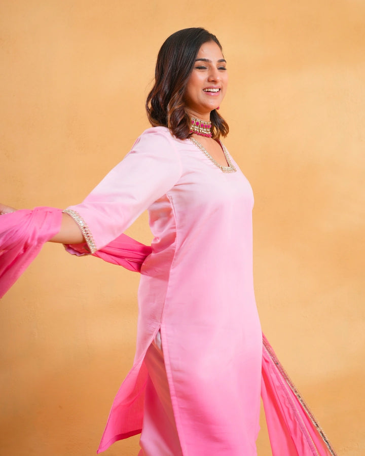 Blush Pink Ombre Festive Suit With Dupatta For Women - Set of 3