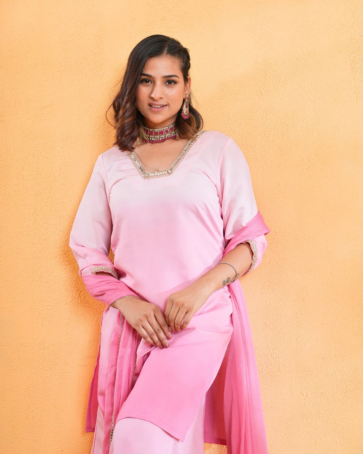 Blush Pink Ombre Festive Suit With Dupatta For Women - Set of 3