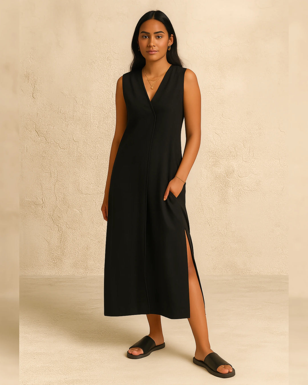 Black Sleeveless V-Neck Slit Midi Dress For Women