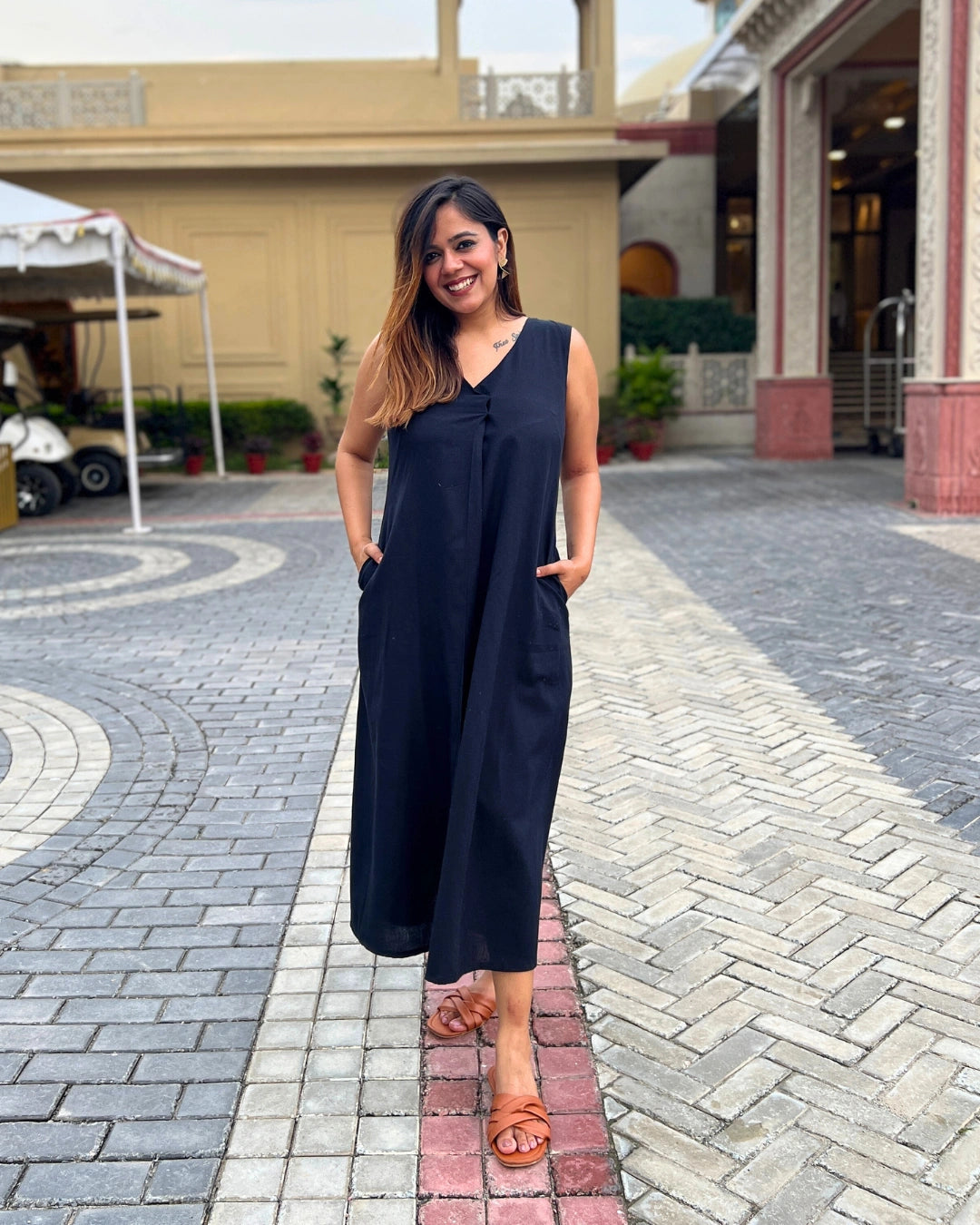 Black Sleeveless V-Neck Slit Midi Dress For Women The Svaya Black Sleeveless V-Neck Slit Midi Dress For Women The Svaya