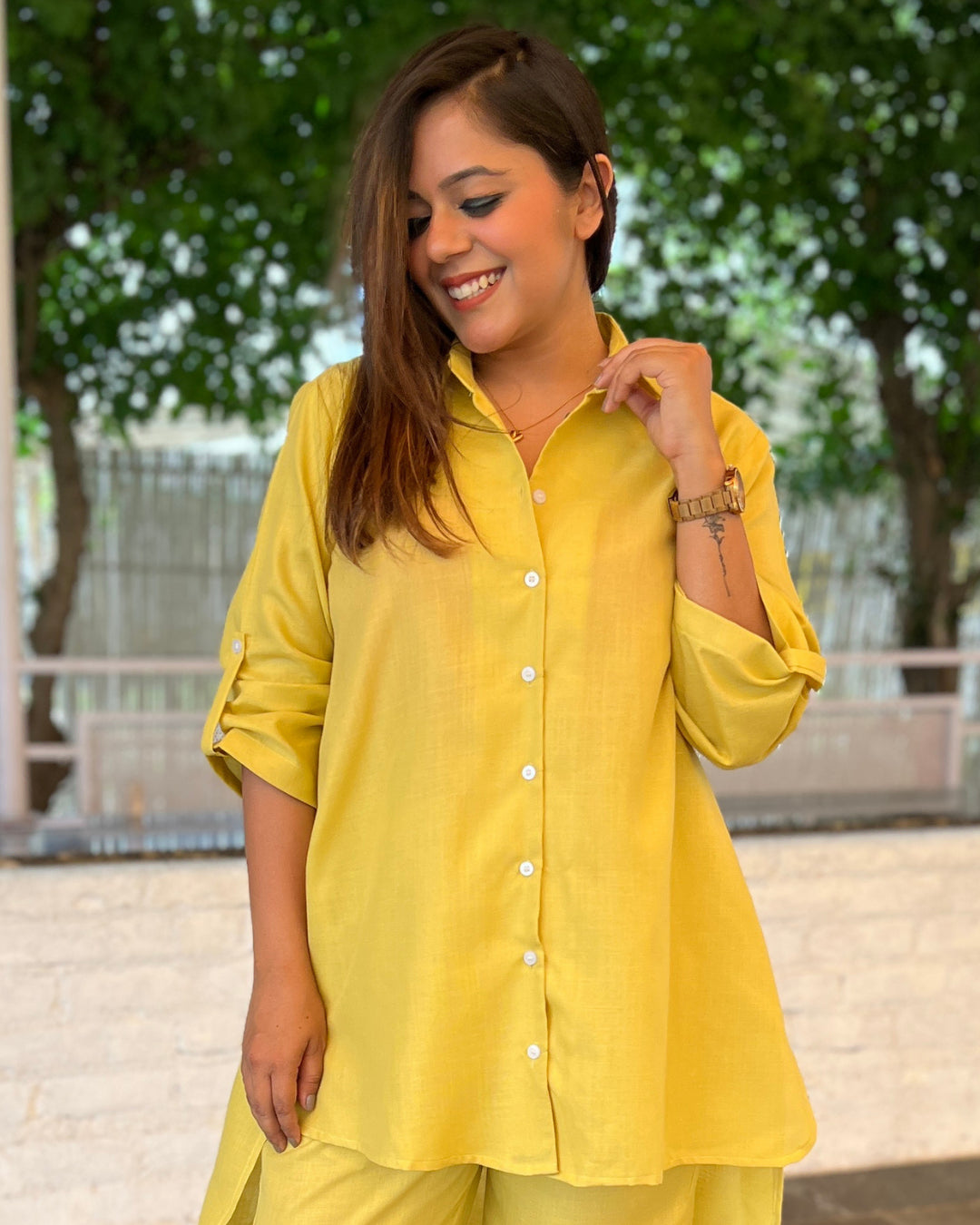 Buttercup Yellow Solid Aline Cotton Slub Shirt The Svaya