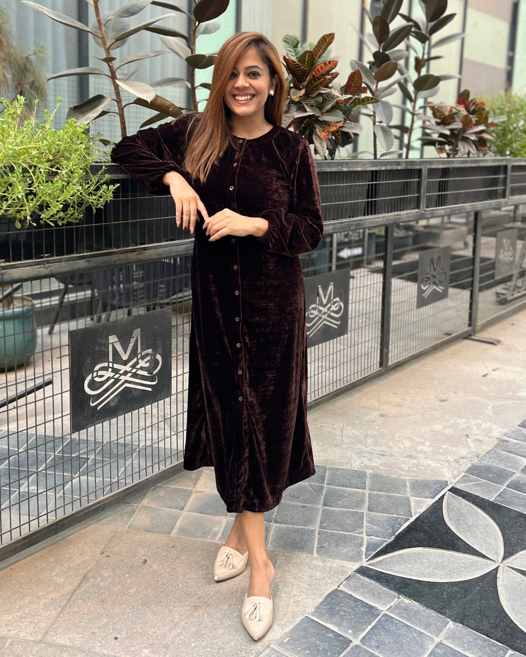 Cocoa Brown Velvet Shirt Dress - Main Image