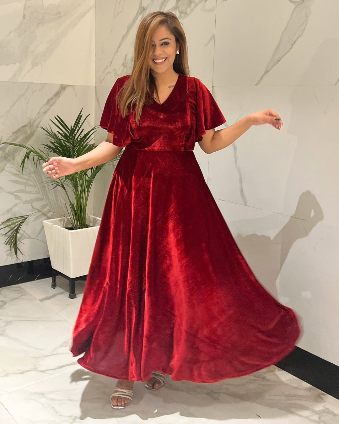 Deep Red Flared Velvet Dress The Svaya Deep Red Flared Velvet Dress The Svaya