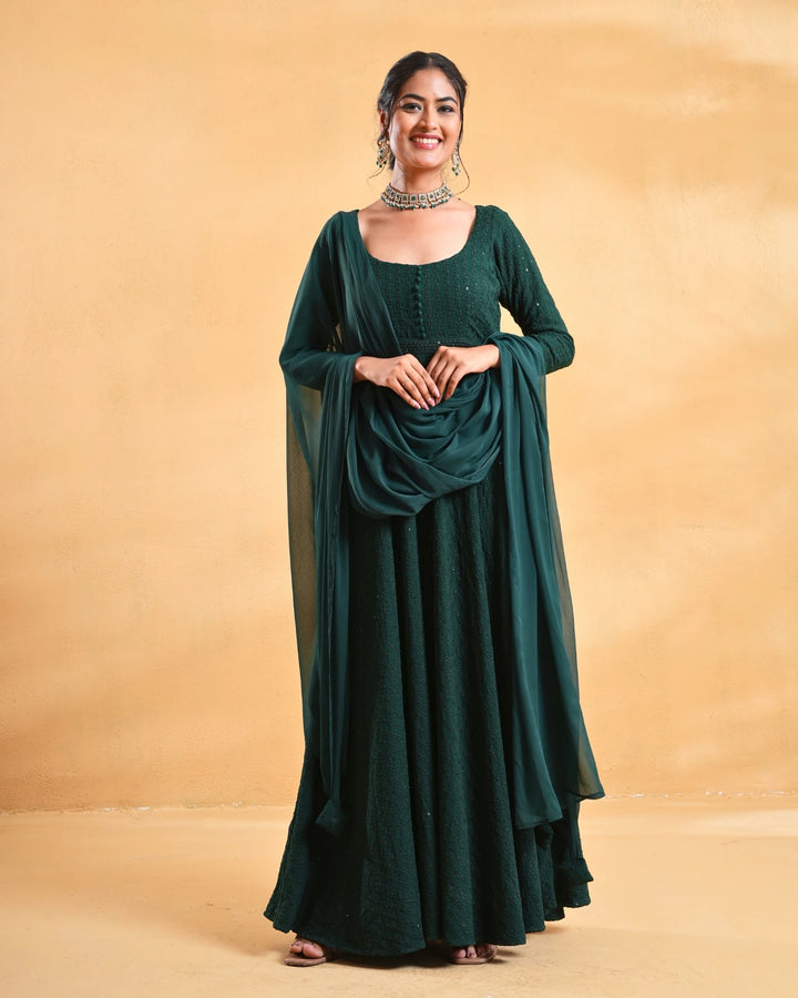 Deep Green Anarkali Kurta Set With Dupatta For Women
