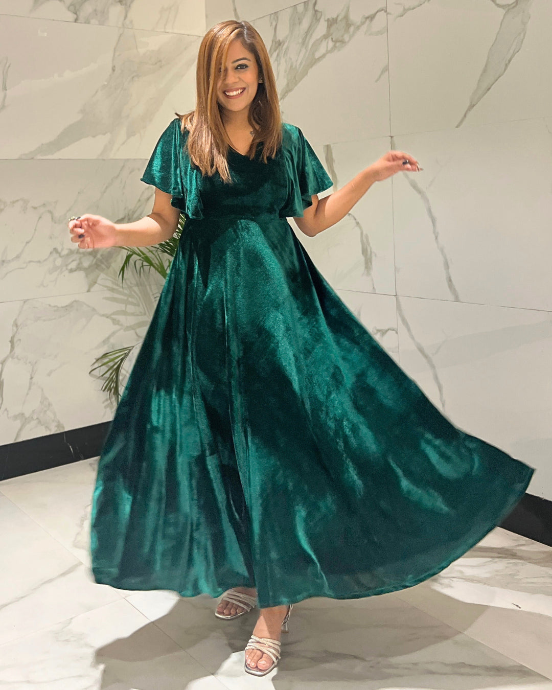 flared velvet dress B243062_Refined Stretch Velvet Fit & Flare Midi Dress with Halter Neckline  and Side Slit