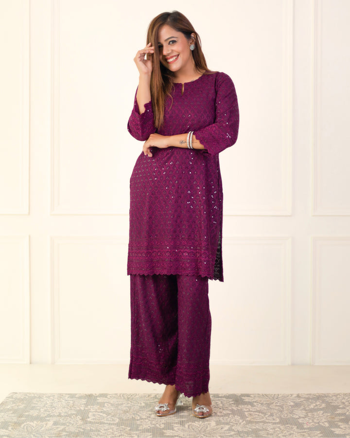 Gehra Jamun Chikankari Kurta & Palazzo - Set of 2