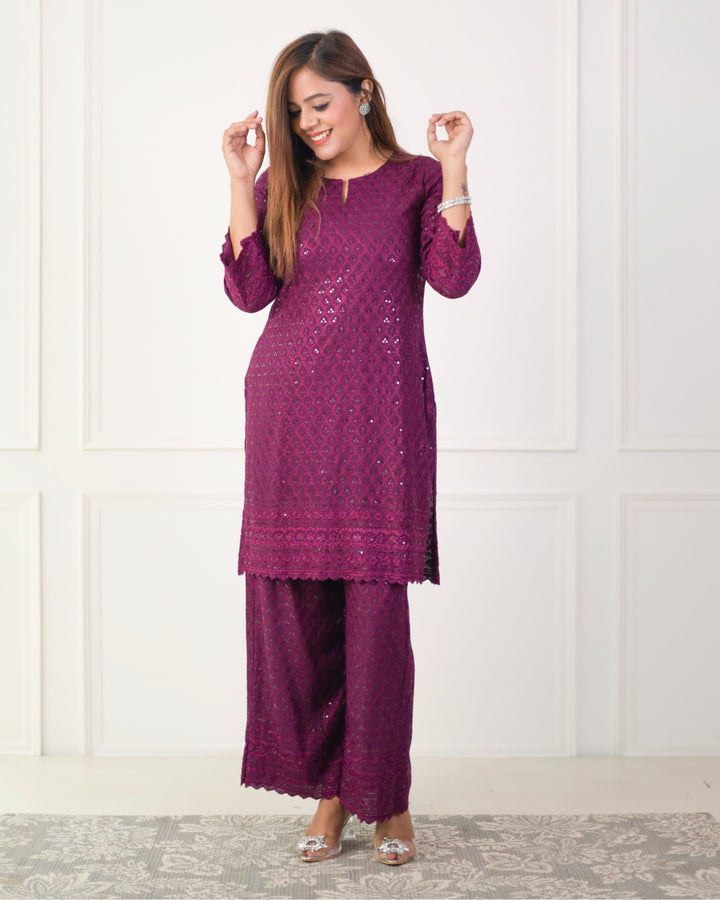 Gehra Jamun Chikankari Kurta & Palazzo - Set of 2