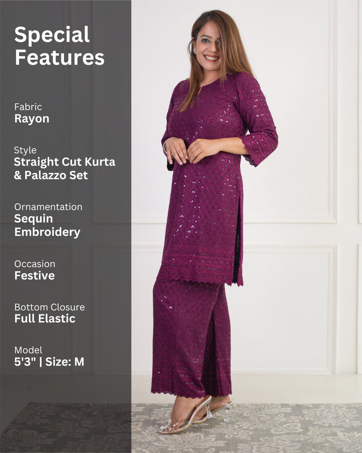 Gehra Jamun Chikankari Kurta & Palazzo - Set of 2