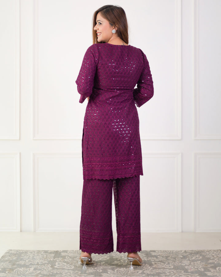 Gehra Jamun Chikankari Kurta & Palazzo - Set of 2