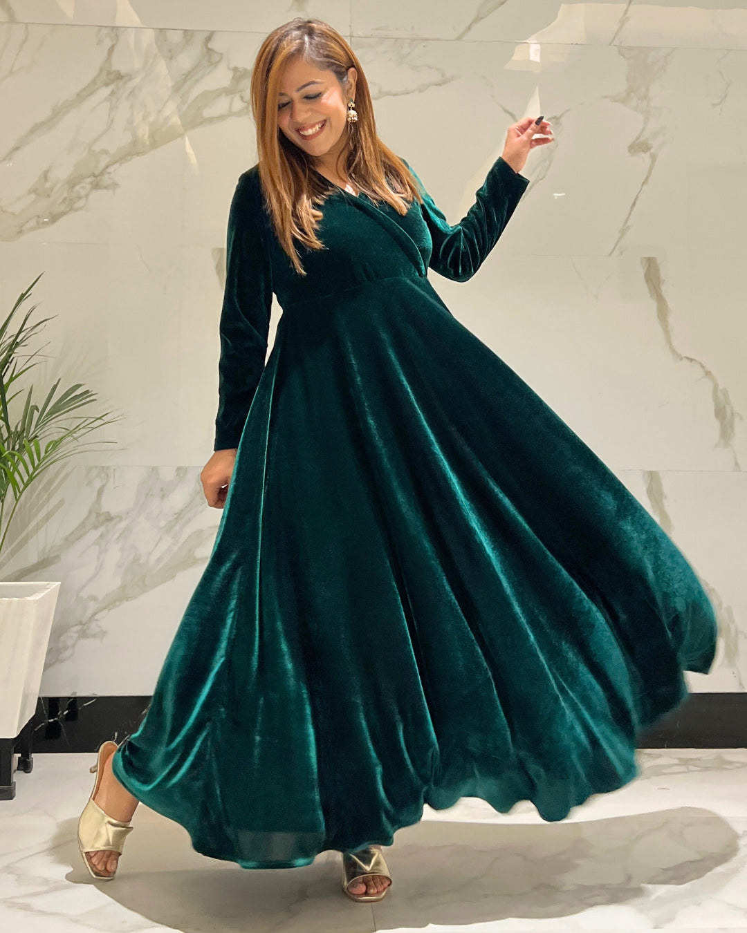 Green Fit and Flare Long Velvet Dress - Main Image
