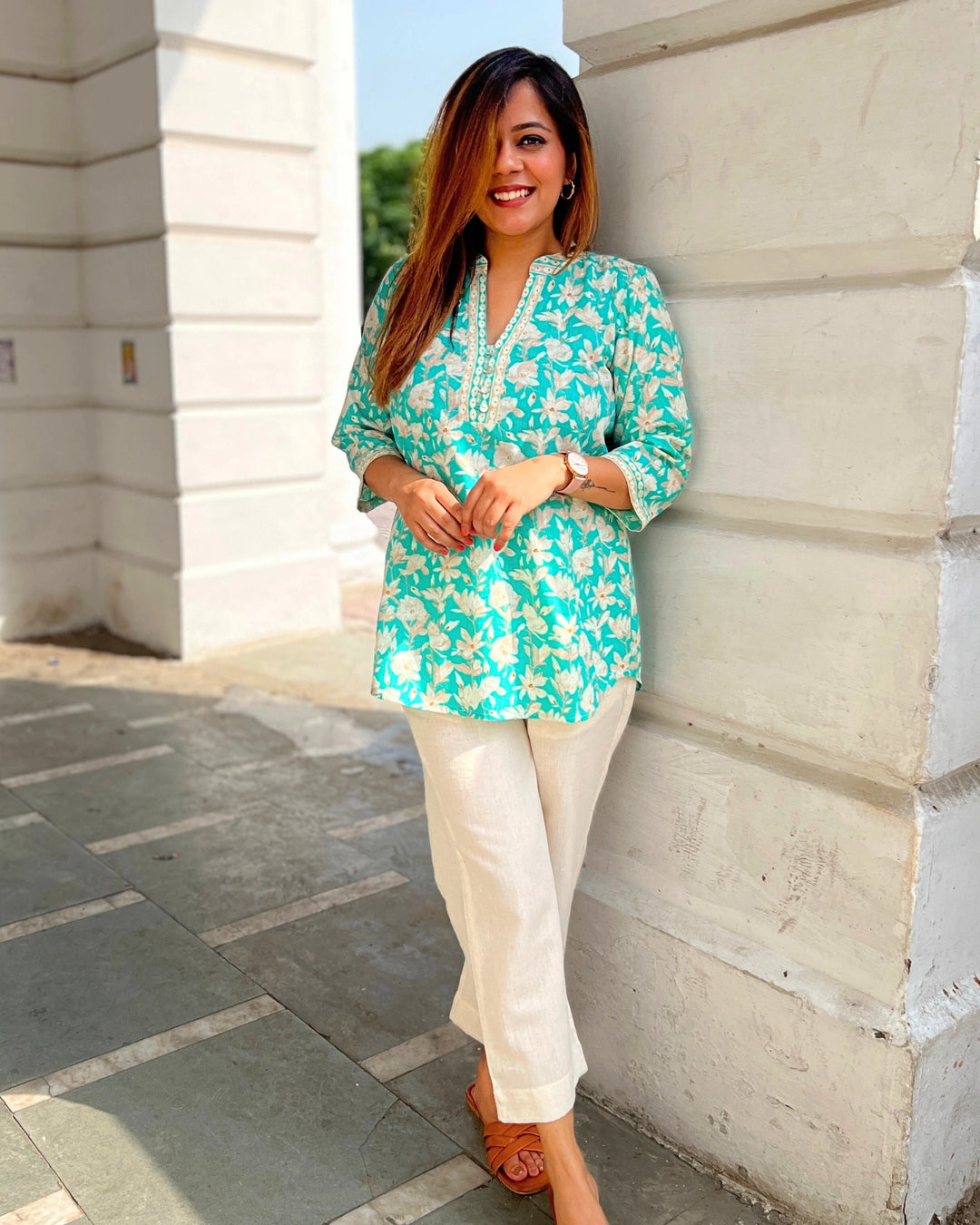 Green Floral Cotton Long Top For Women
