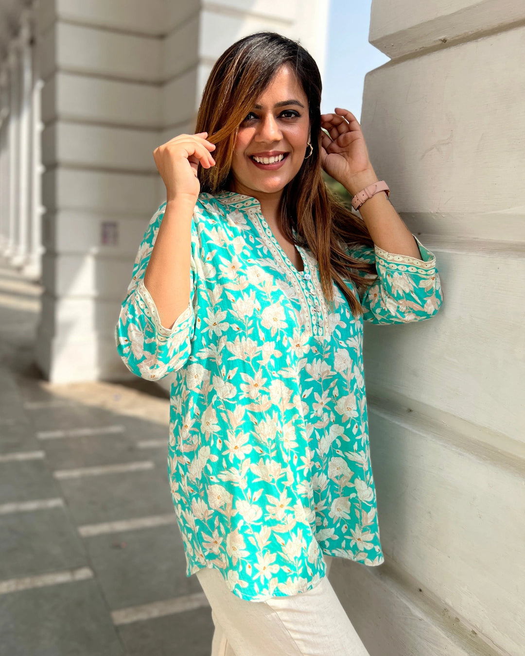 Green Floral Cotton Long Top For Women