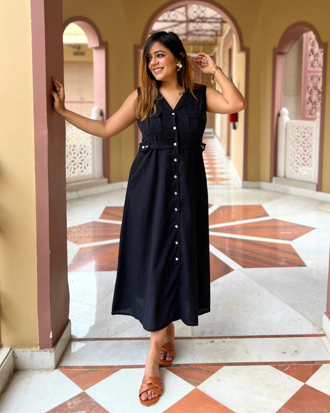 midi shirt dress sleeveless Jet Black Sleeveless Midi Shirt Dress For Women – The Svaya