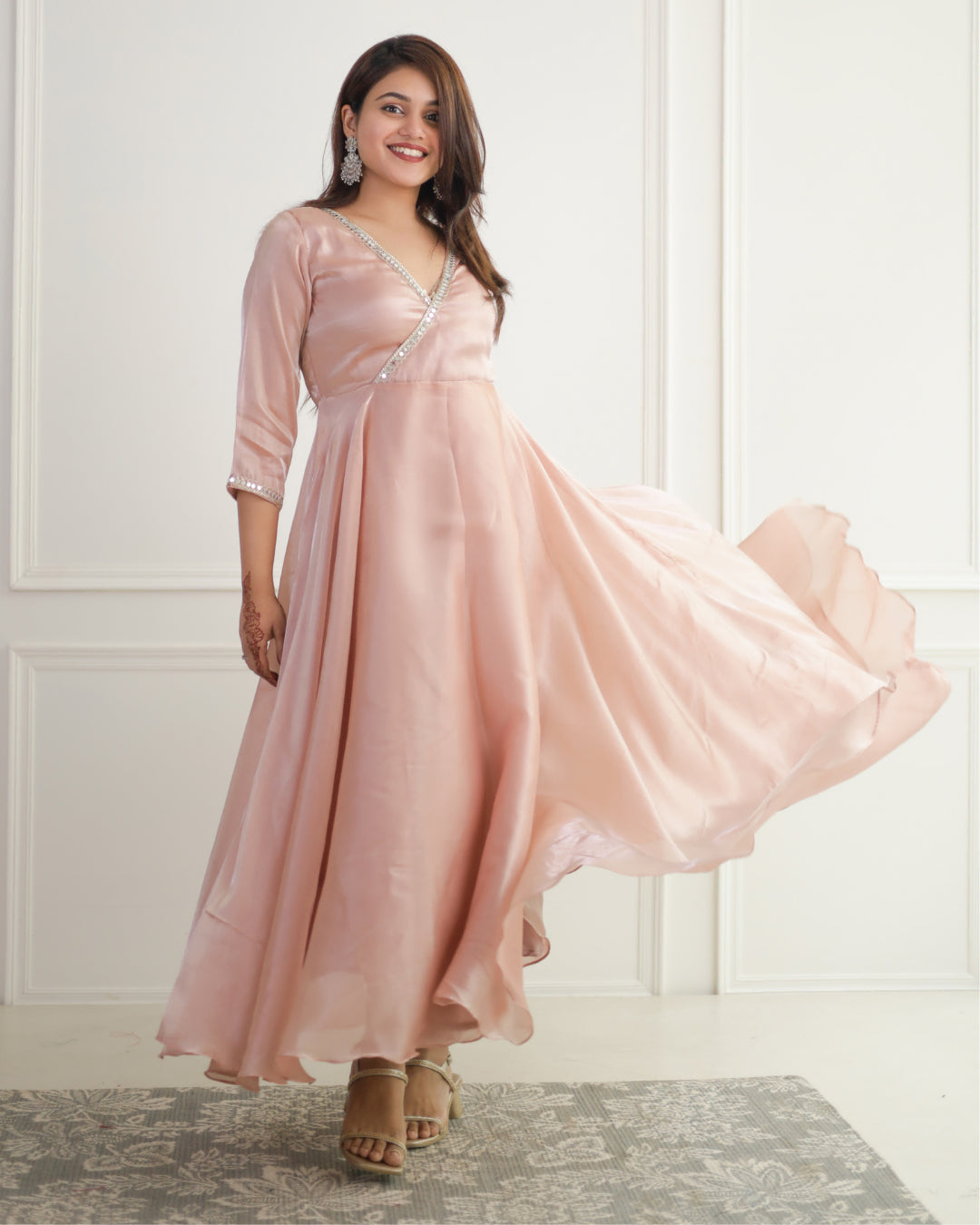 chinese dress ladies Pink A-Line Organza Long Prom Dress Engagement Dress with Puff Sleeves –  formalgowns main image 1