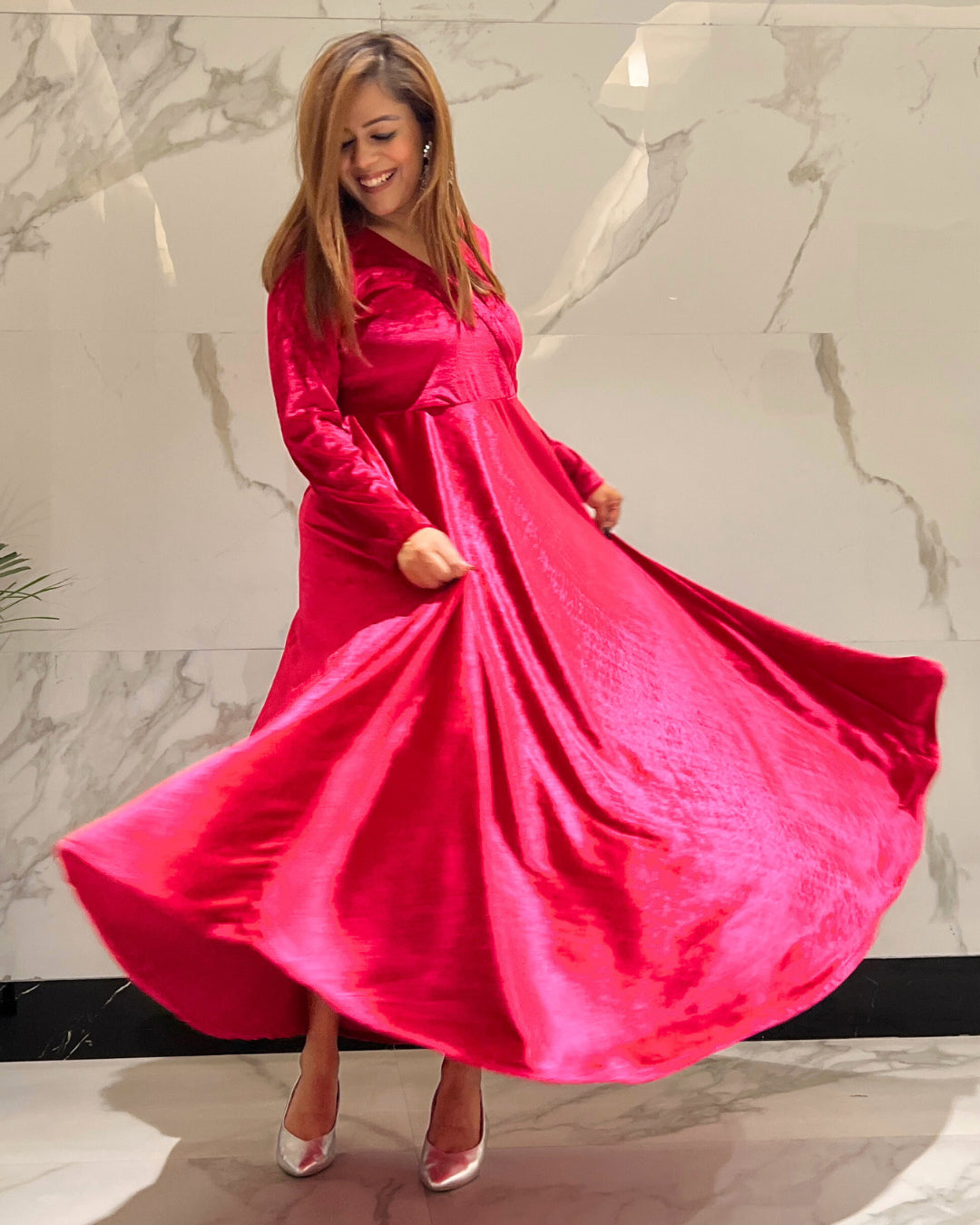 Magenta Pink Fit and Flare Long Velvet Dress - Main Image