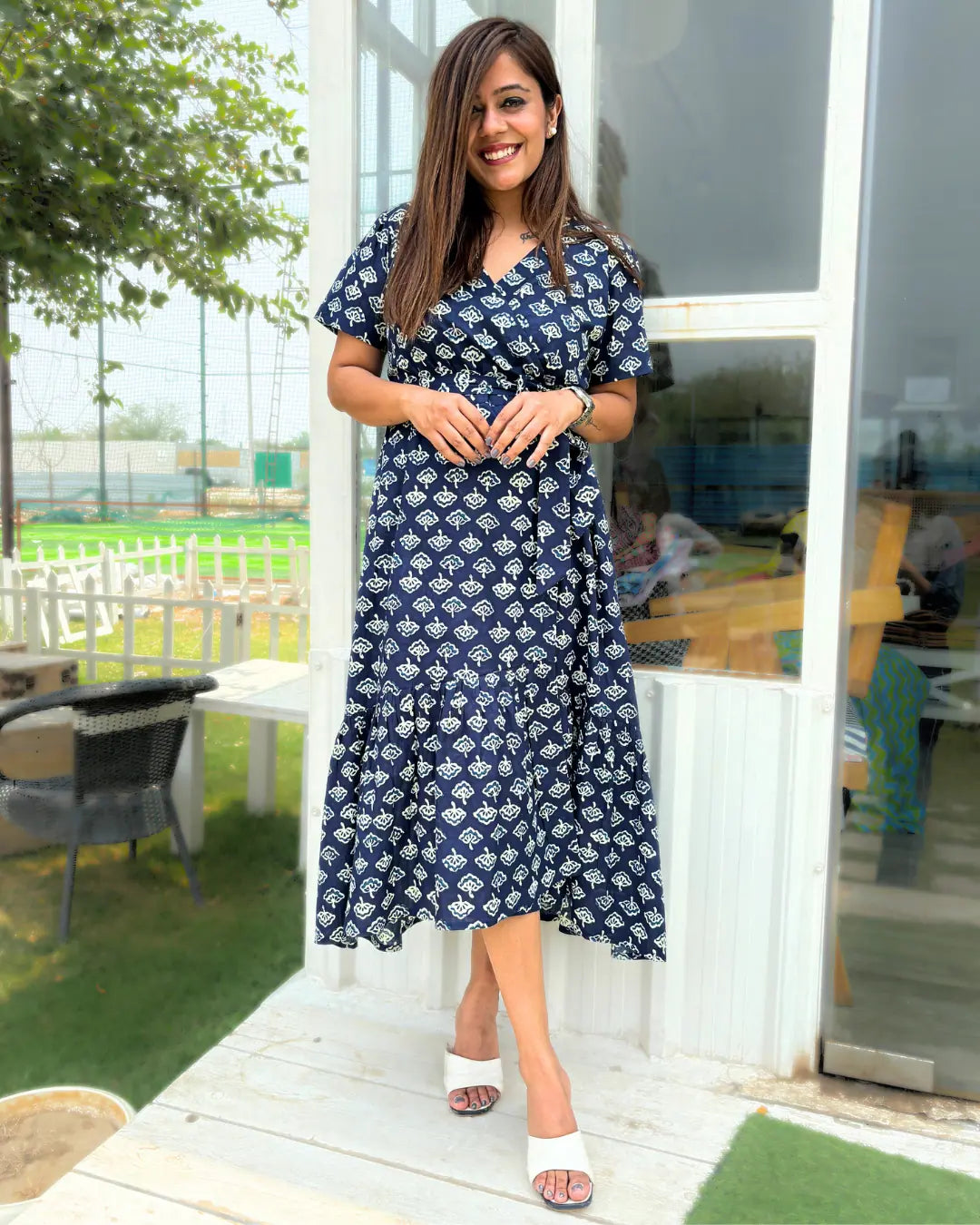 Navy Blue Printed Cotton Wrap Dress The Svaya Navy Blue Printed Cotton Wrap Dress The Svaya
