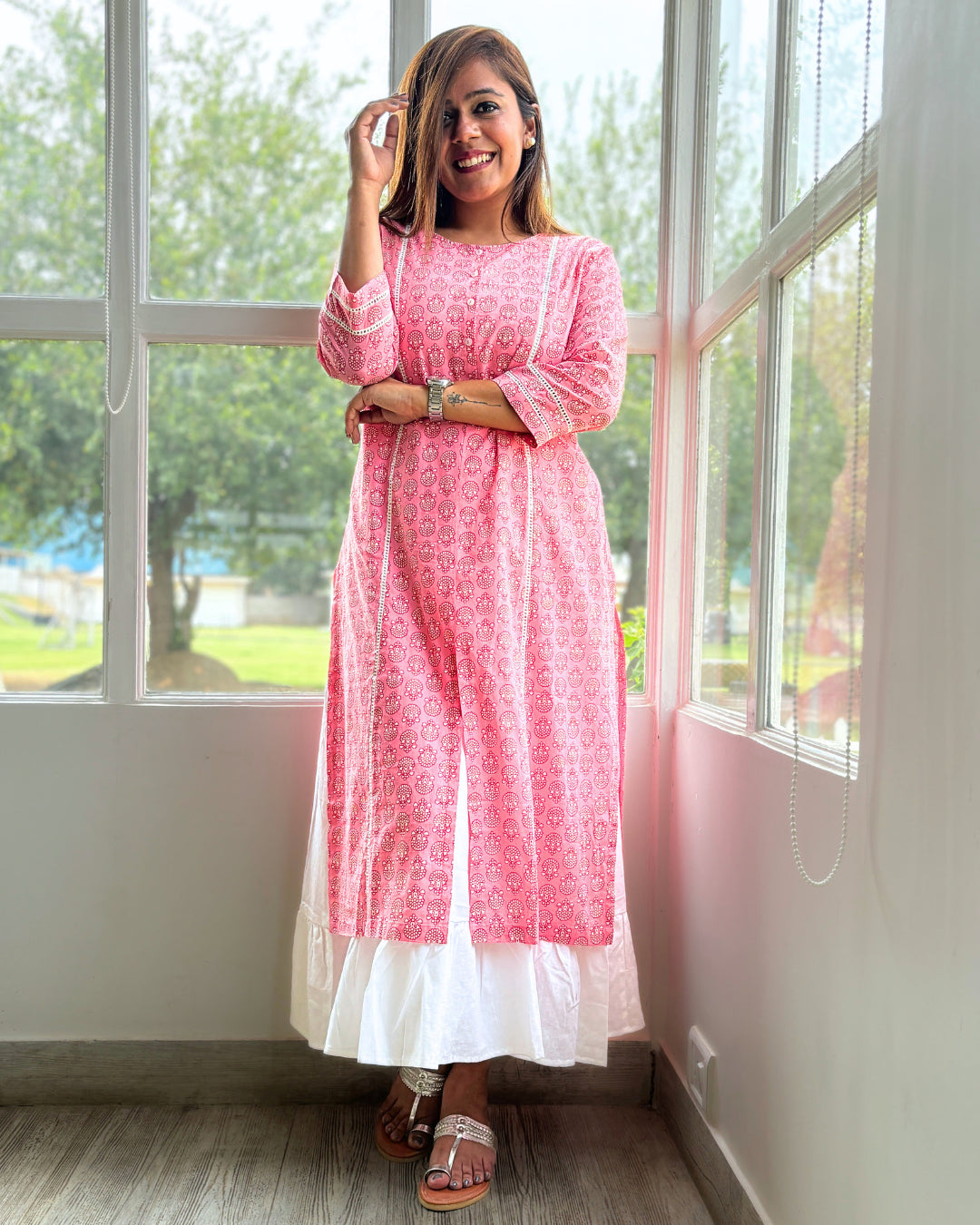 Pink Lace Kurta White Slip Dress – Set of