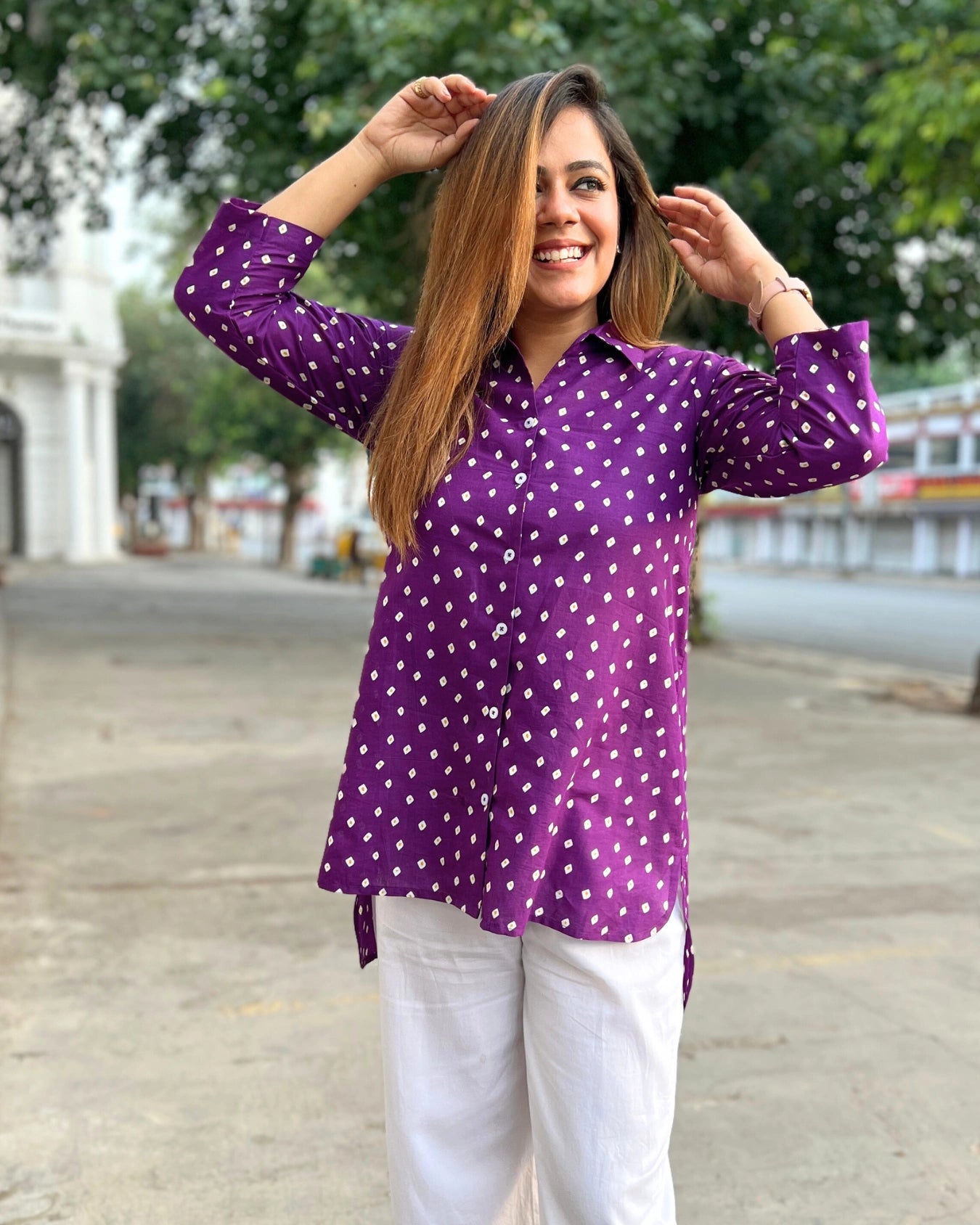 Purple Bandhani Printed Cotton A-Line Shirt for Women - Main Image