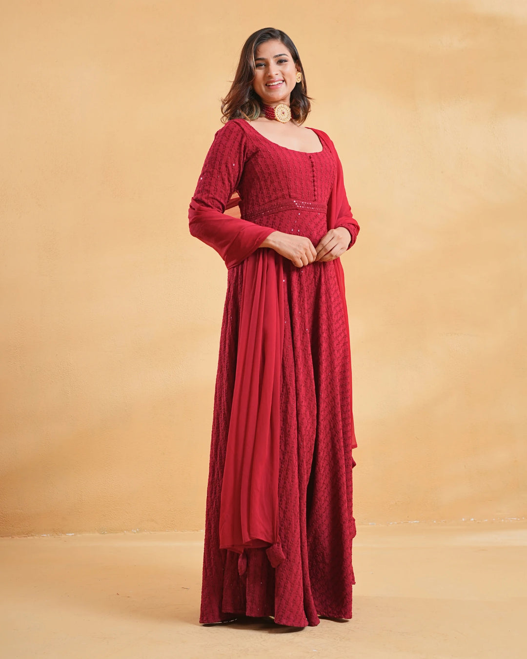 Deep Red Anarkali Kurta Set With Dupatta For Women