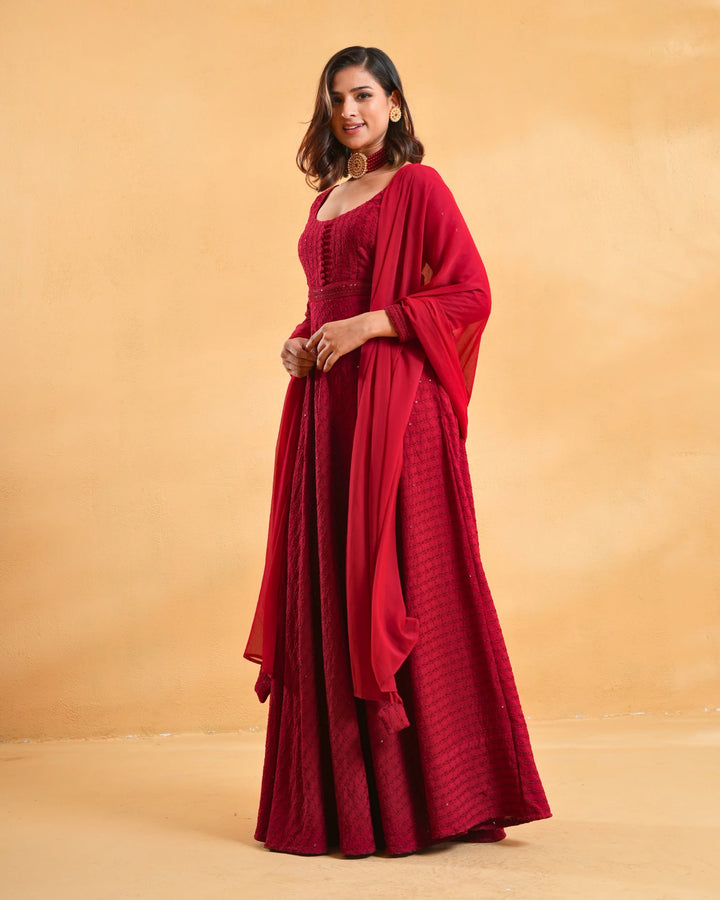 Deep Red Anarkali Kurta Set With Dupatta For Women