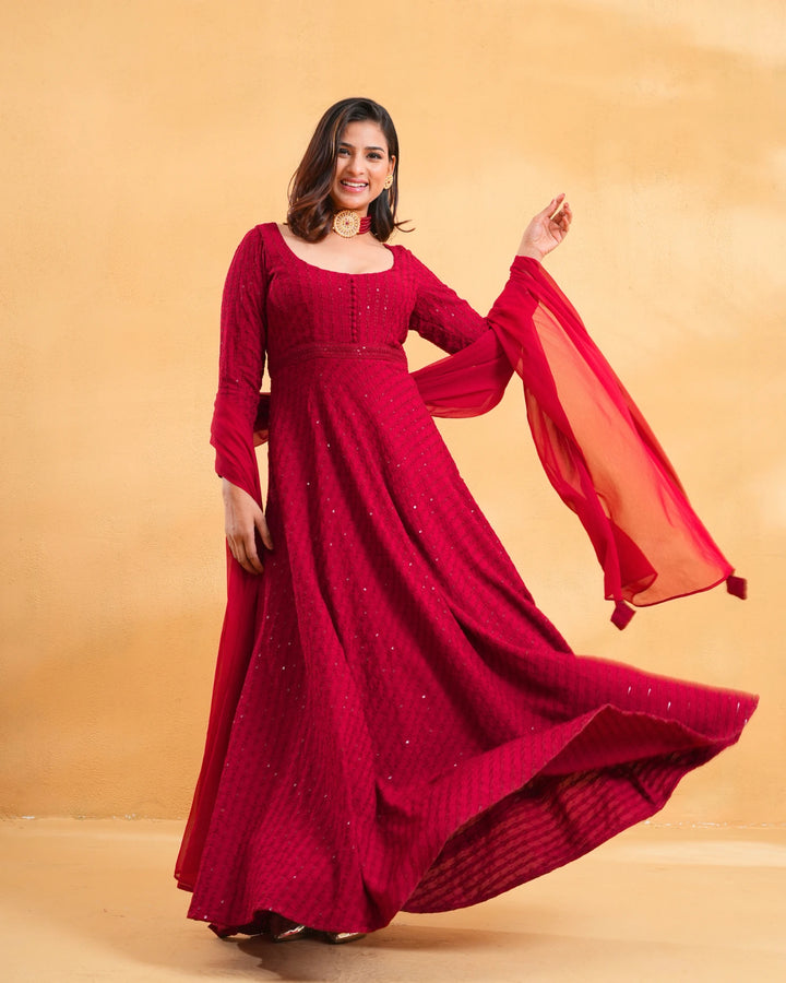 Deep Red Anarkali Kurta Set With Dupatta For Women