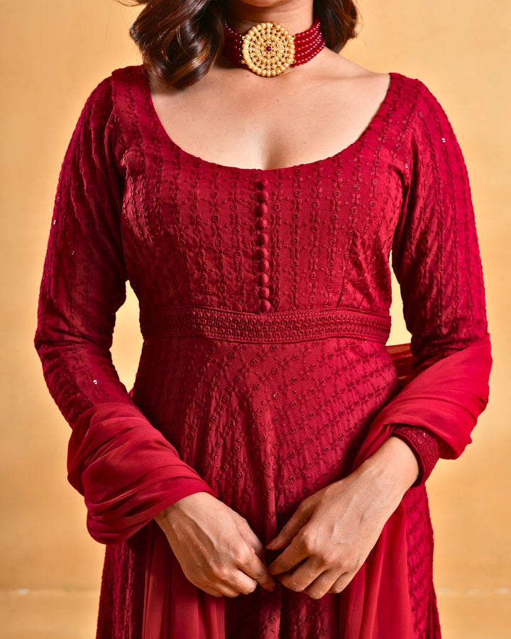 Deep Red Anarkali Kurta Set With Dupatta For Women