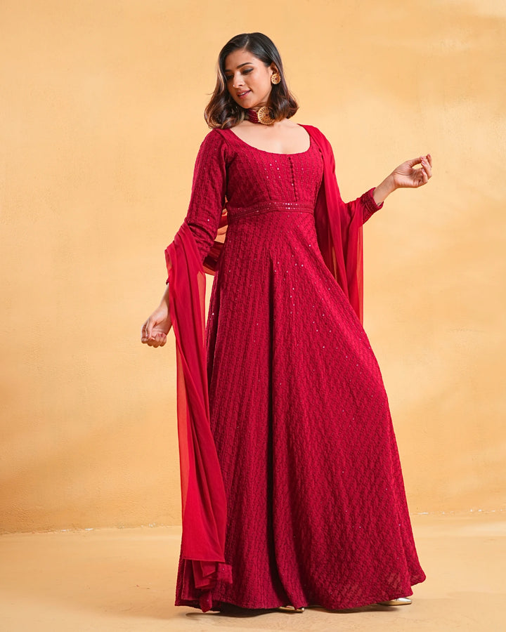 Deep Red Anarkali Kurta Set With Dupatta For Women