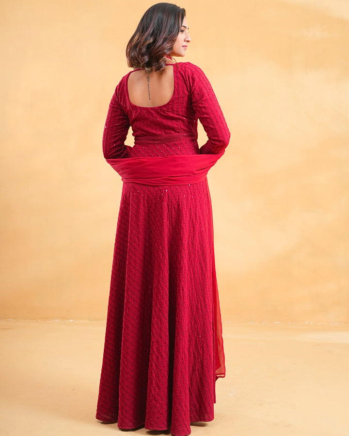 Deep Red Anarkali Kurta Set With Dupatta For Women