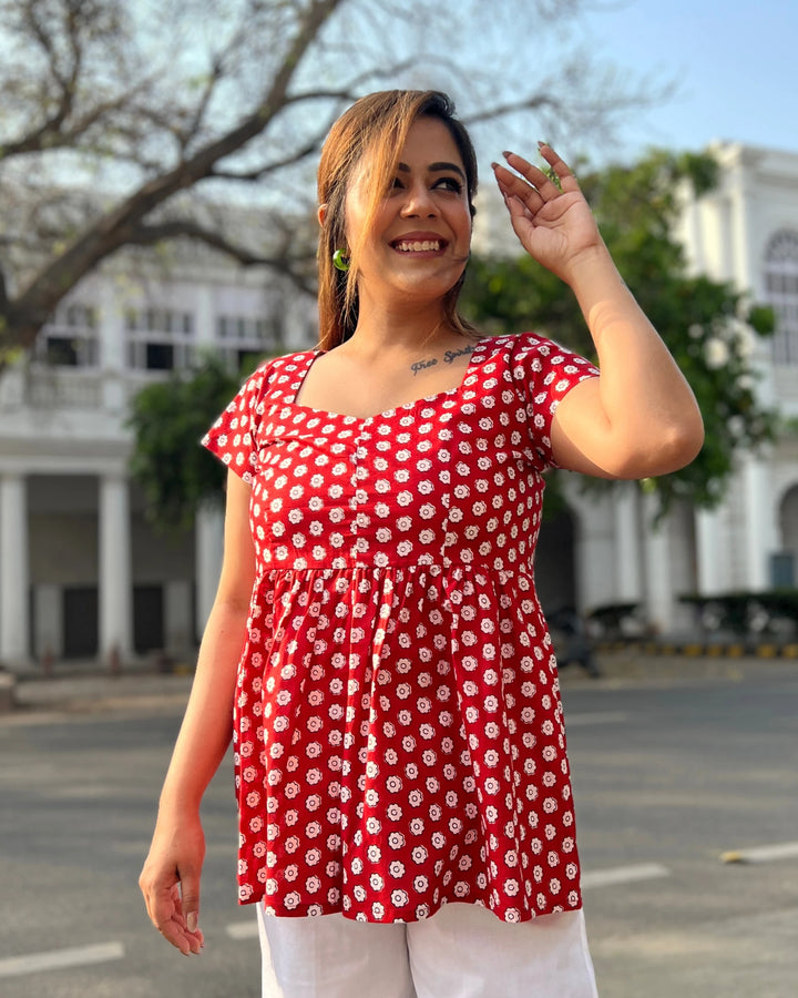 Red Printed Empire Cut Top