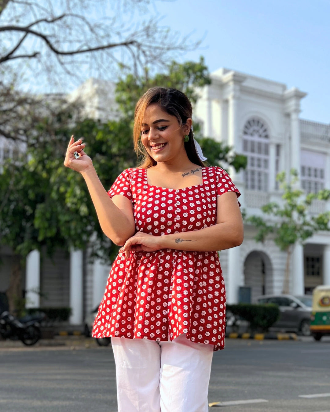 Red Printed Empire Cut Top