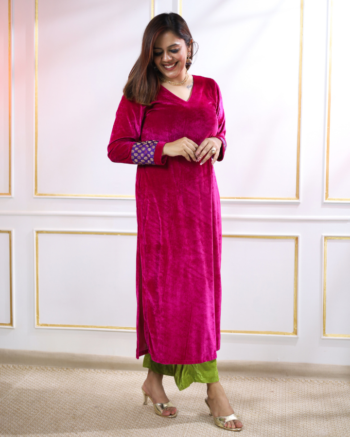 Suit Velvet Kurta Design Ladies Magenta Pink Velvet Slit Kurta