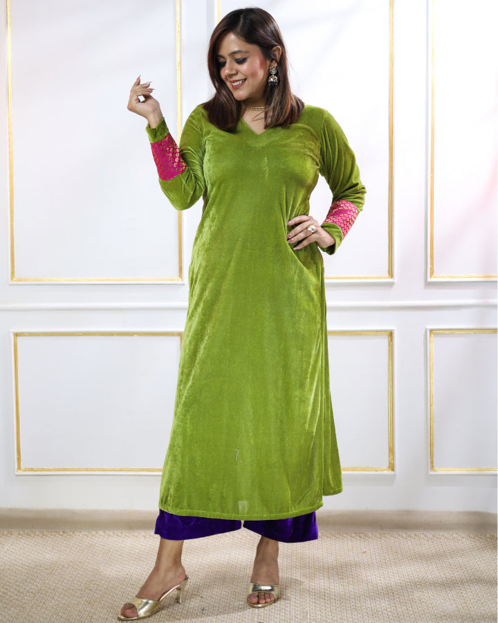 Sap Green Velvet Slit Kurta