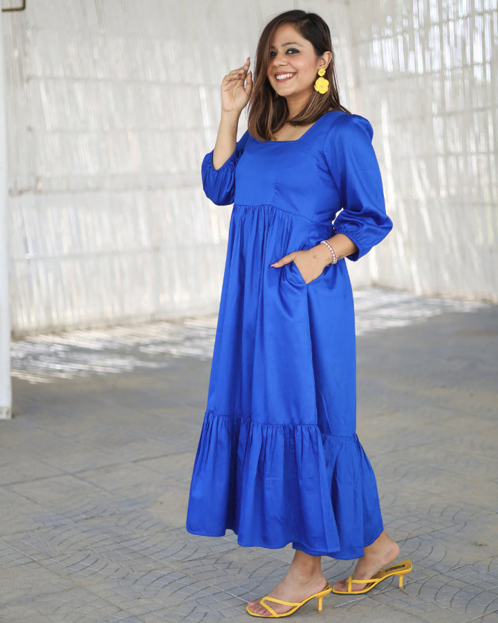 Solid Electric Blue Tiered Midi Dress