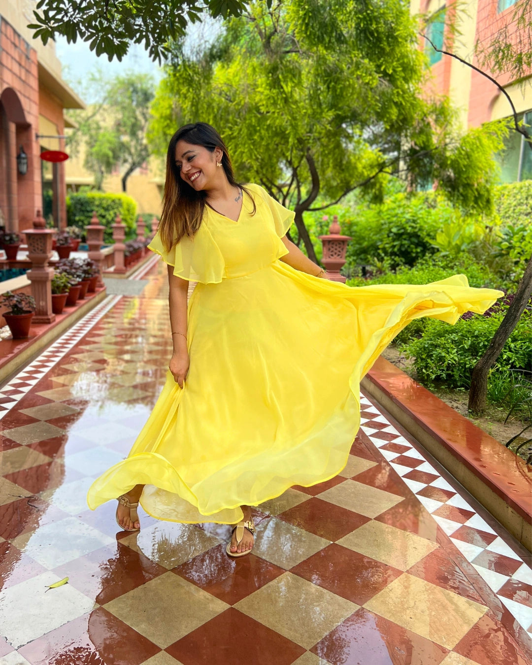 Sunny Glow Yellow Georgette Maxi Dress For Women  The Svaya