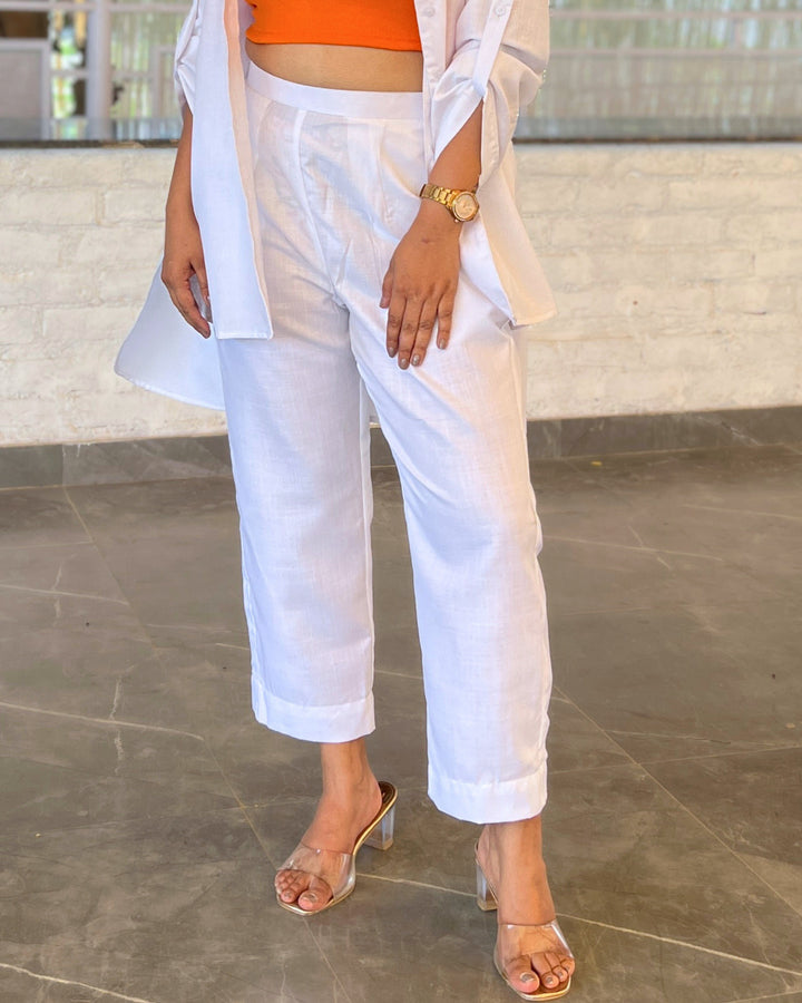 White Solid Cotton Slub Pants