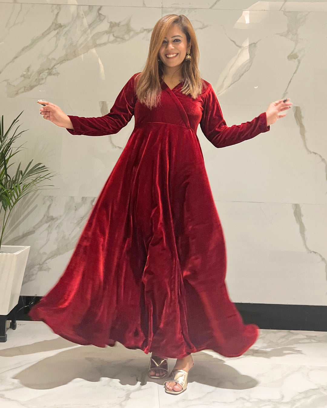Wine Red Fit and Flare Long Velvet Dress