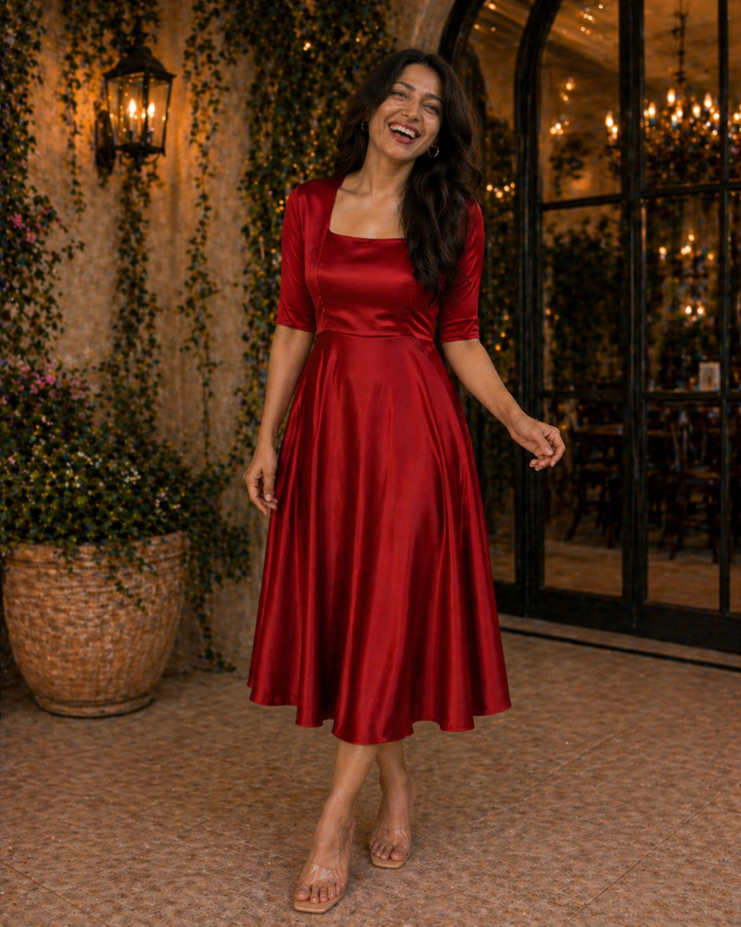 Women's Flared Midi Dress in Crimson Red The Svaya Women's Flared Midi Dress in Crimson Red The Svaya