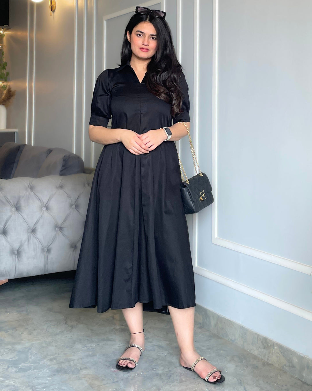 Black Cotton A line Dress