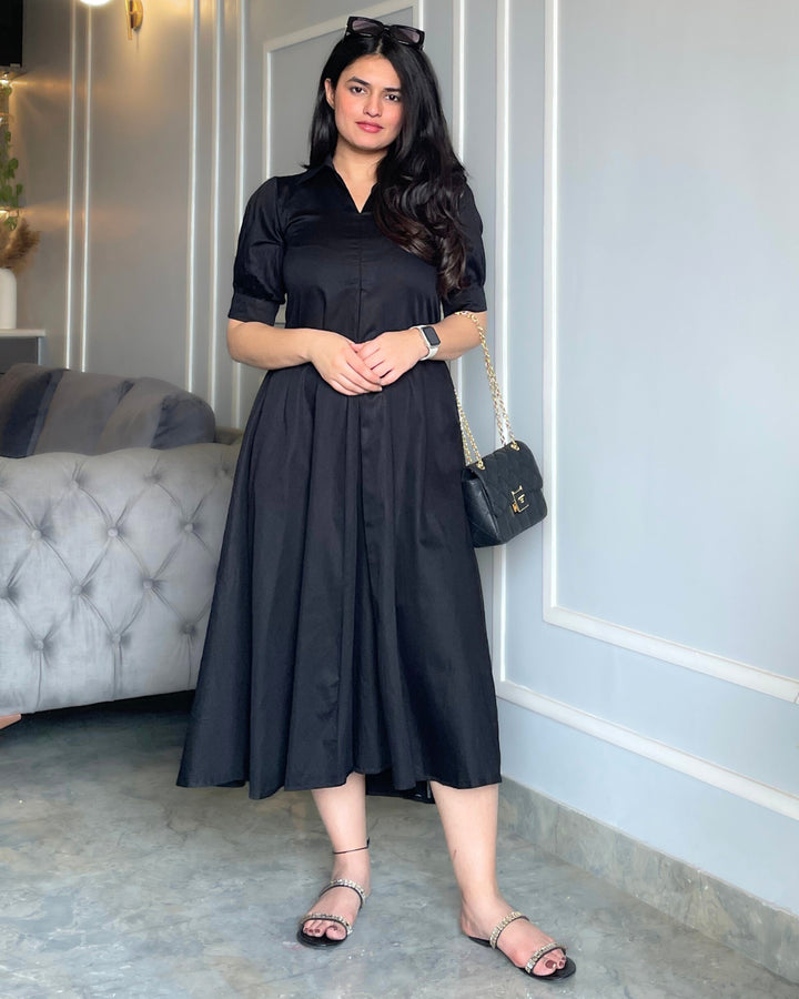 Black Cotton A-line Dress