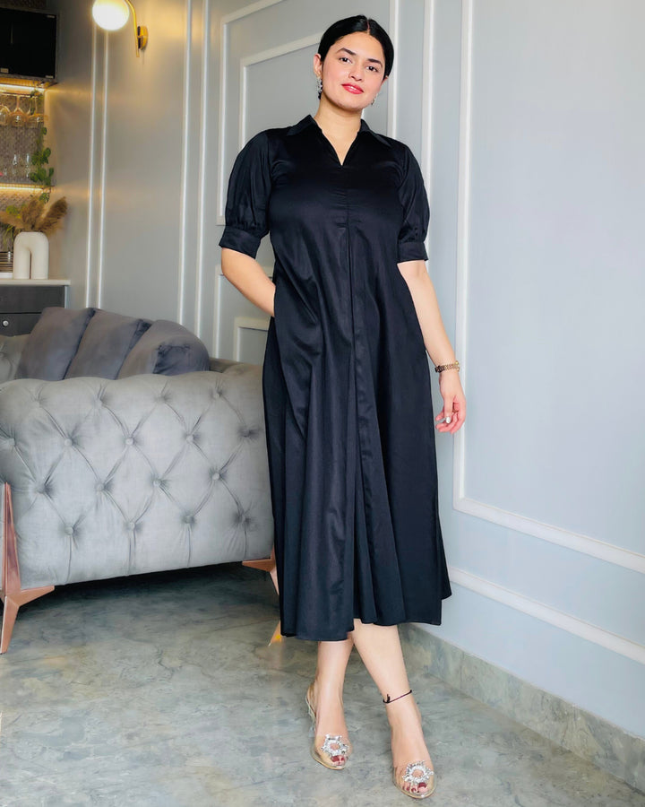 Black Cotton A-line Dress